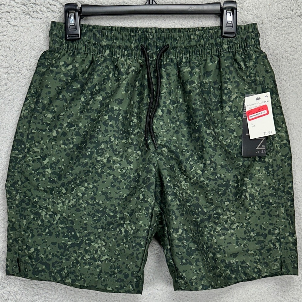 Z by Zella Mens Swim Trunks Small Green Camo Linerless Drawstring Swimwear NEW